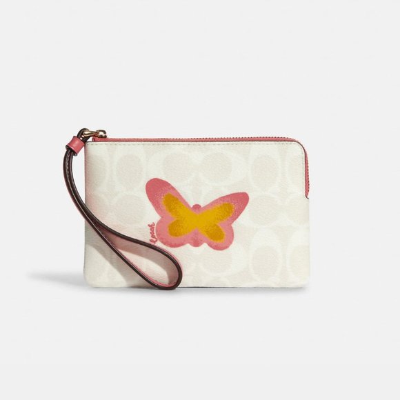 Coach Handbags - Coach Corner Zip Wristlet Signature Canvas With Butterfly Wallet Graphic c9589
